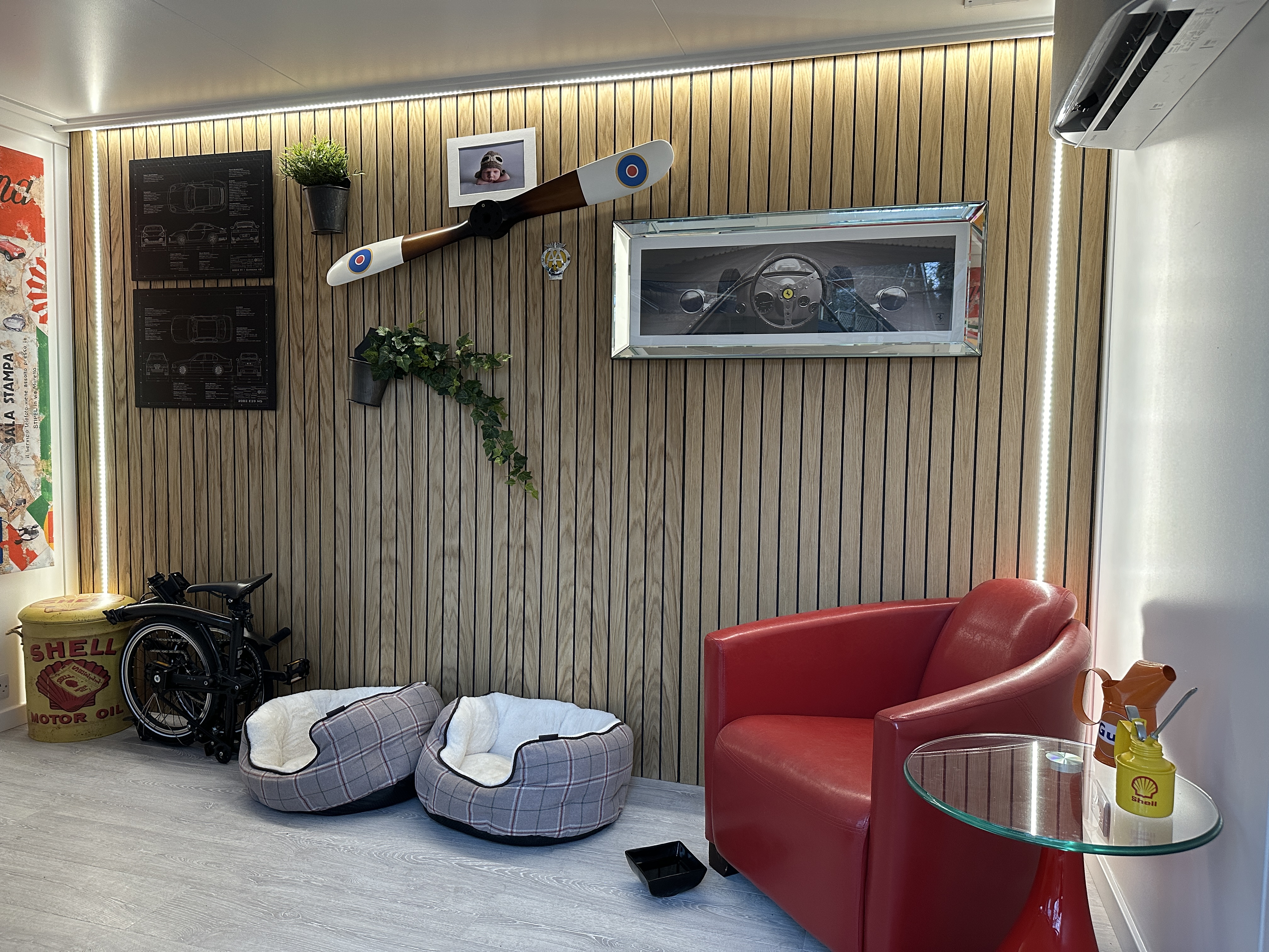 Oak veneer feature wall in garden office